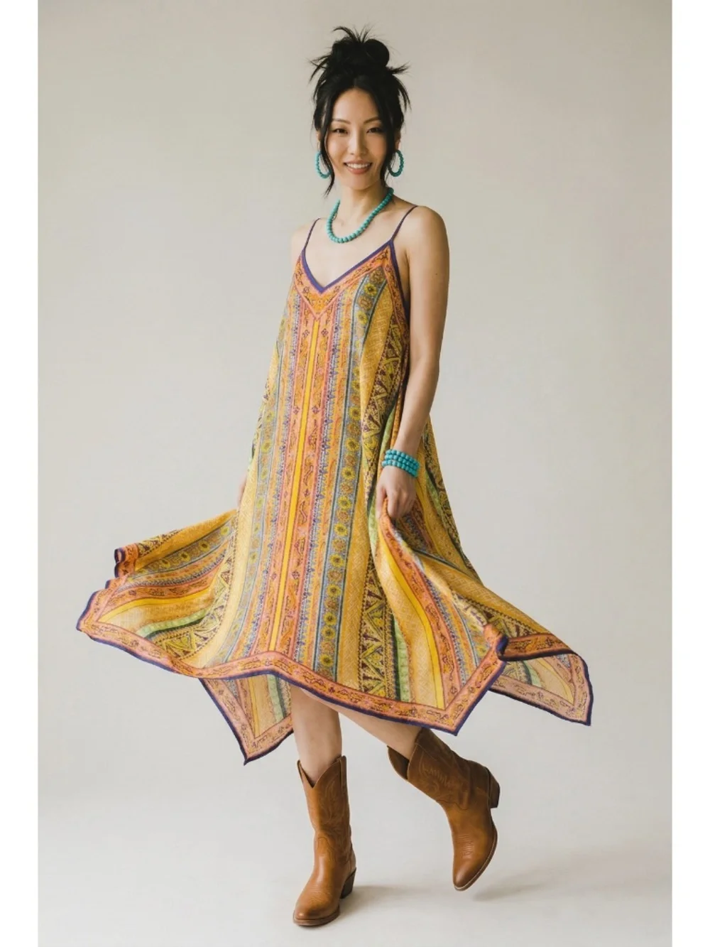 Flying Tomato Yellow Boho Print Handkerchief Hem Midi Dress | V Neck Sleeveless - Picture 2 of 5